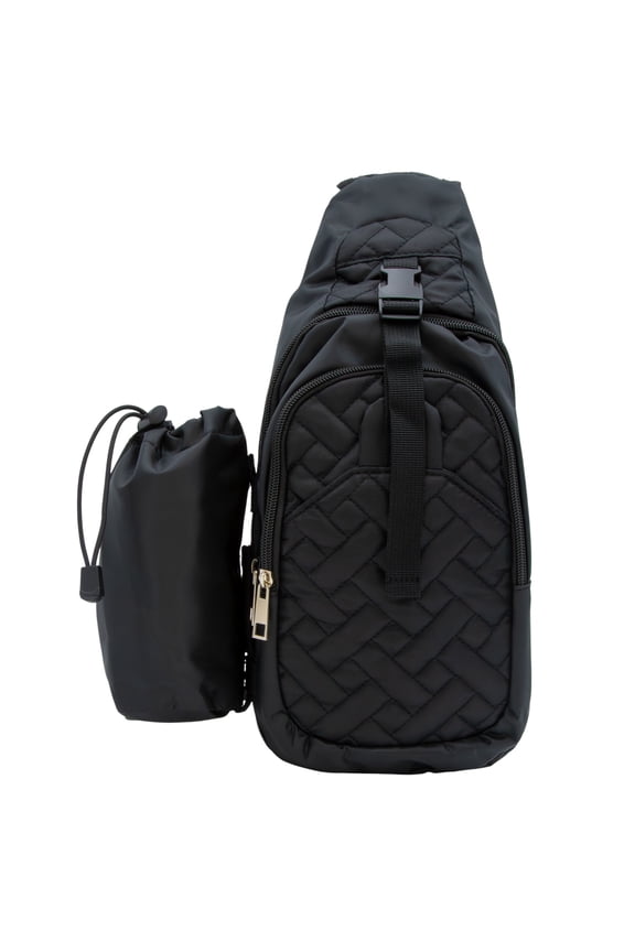 Quilted Sling Bag with RFID Technology & Water Bottle Holder in Black