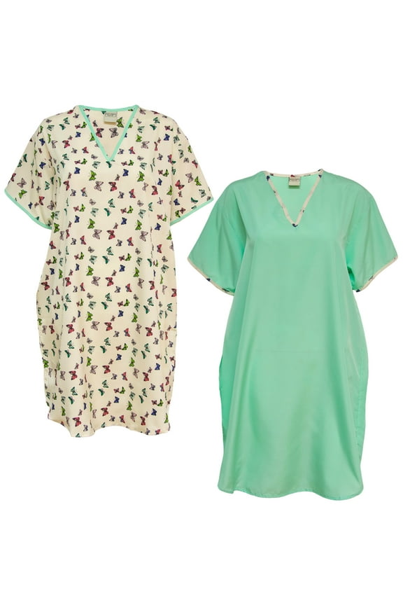 Women's Satin Sleepshirt Nightgown 2pc Set Butterfly Print/Aqua, XL