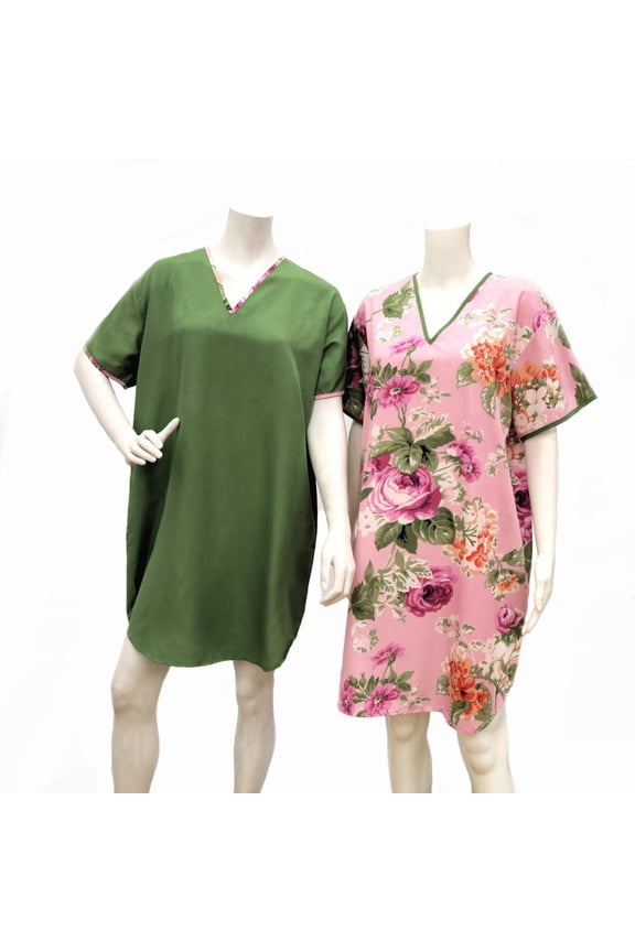 Set of Two Women's Satin Night Shirts in Green/Pink, Large