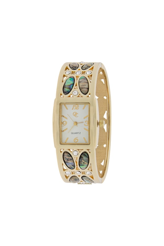Sparkling Abalone Gold-Toned Hinge Bangle Watch