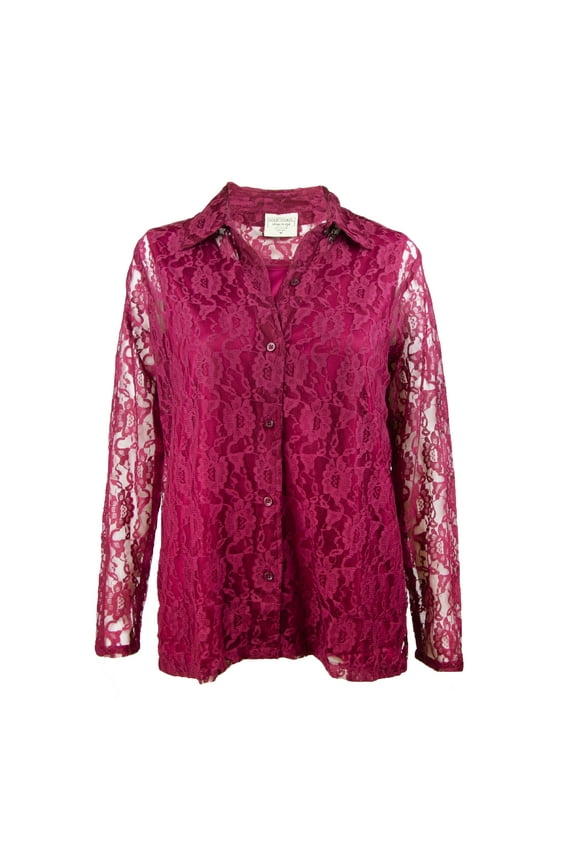 Women's 2-Piece Lace Button-Up & Tank Top Set in Burgundy, XXL