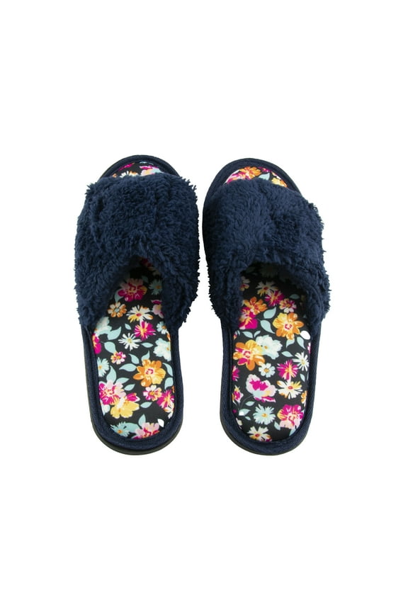 Women's Adjustable Open Toe Memory Foam Slippers in Navy/Floral - S