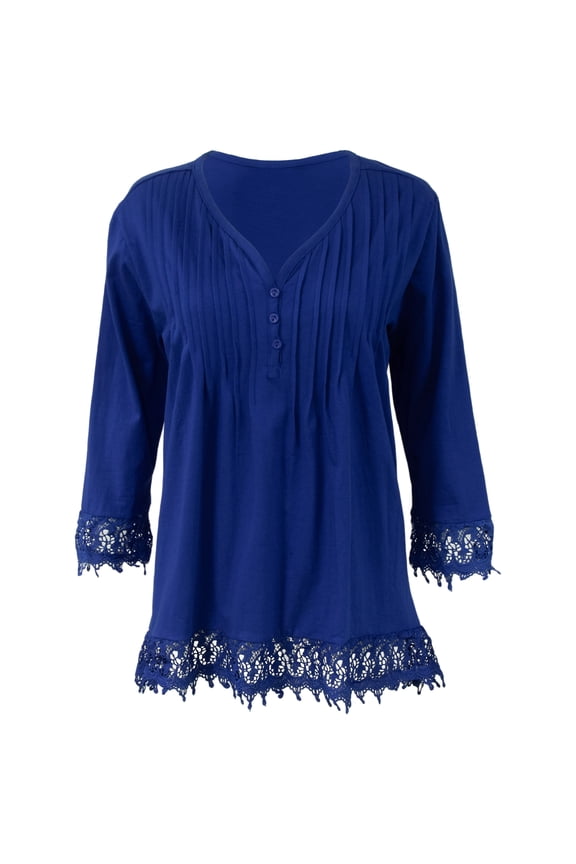 Women's Lace Trim Cotton Boho Tunic Shirt in Blue, Medium