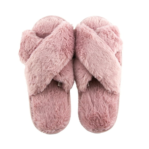 Gold Coast Women's Open Toe Cross Over Plush Slippers in Pink, Small