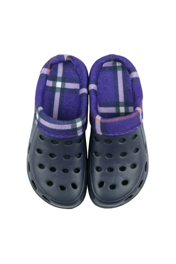 Women's Purple and White Plaid Fleece Lined Clogs in Navy, Size 7