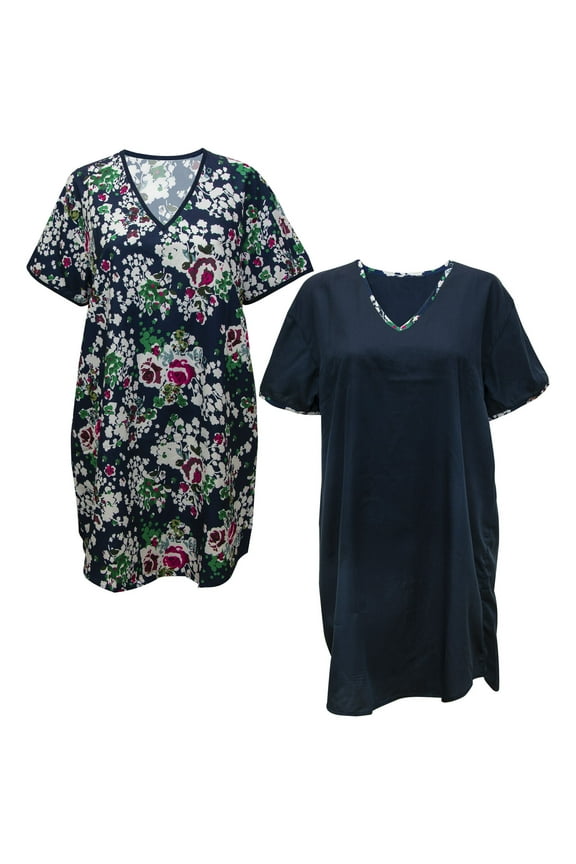 Women's Satin Night Shirt Set in Navy/Blue Floral, Large