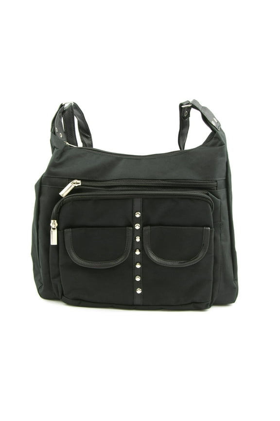 Women's Studded Multi-Compartment Crossbody Bag in Black
