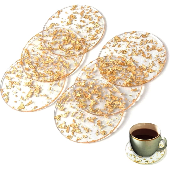 Gold Coasters Set of 6, 9cm Round Transparent Acrylic Coasters with Gold Foil, Heat Resistant Non Slip Drink Coasters for Coffee, Tea, Beer, Wine, Home Bar Decor
