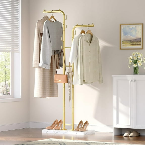 Gold Coat Hanger Stand, Floor Standing Coat Rack, Entryway Coat Tree with 8 Hooks and Marble-Look Base, Modern Double-Pole Metal Clothes Rack for Entrance, Living Room, Bedroom, YM02DWY1