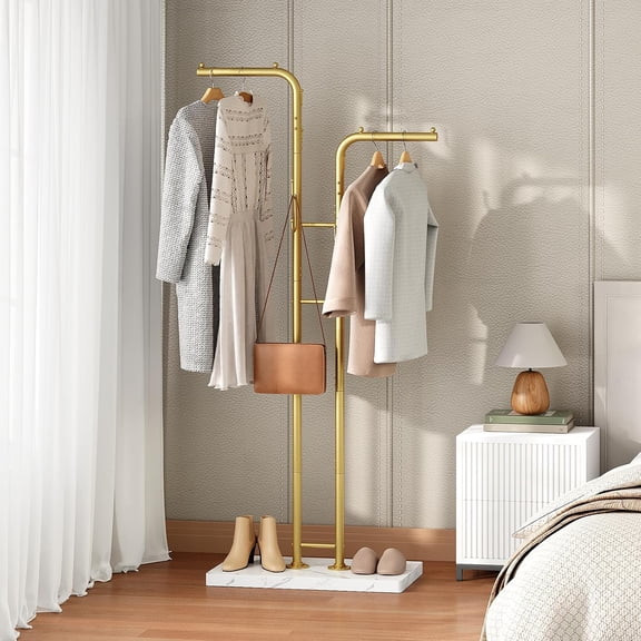 Gold Coat Rack, Freestanding Coat Hanger Stand with 8 Hooks and Marble-Look Base, Modern Double-Pole Metal Coat Tree for Entrance, Living Room, Bedroom