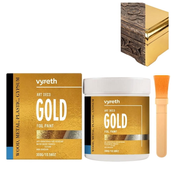Gold Coating for Furniture Restoration, Water-Based Gold Leaf Effect Finish for Wood, Metal, Ceramic, Canvas & Decor, Fast Drying High Coverage Acrylic Formula with Brush (2Pack)