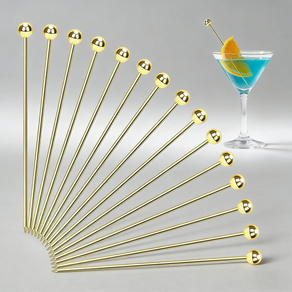 Gold Cocktail Picks for Drinks, Stainless Steel Fancy Cocktail Toothpicks, Reusable Metal Cocktail Skewers, Party Garnish Sticks Martini Picks for Olives Appetizers Fruit Bloody Mary