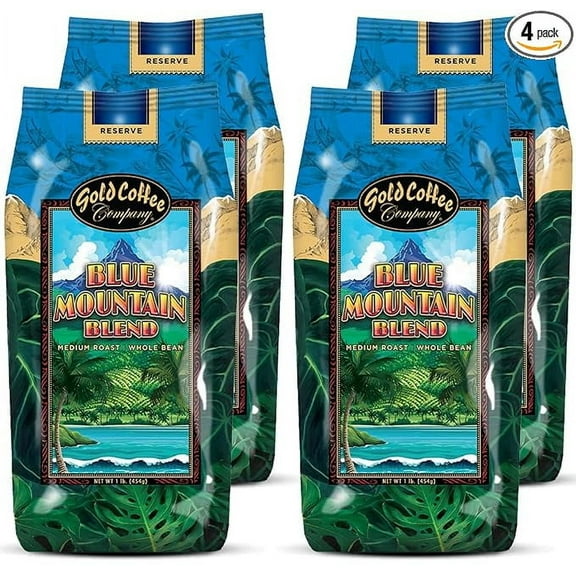 Gold Coffee Company Blue Mountain Blend Whole Bean Medium Roast Coffee, 1lb (Pack of 4)