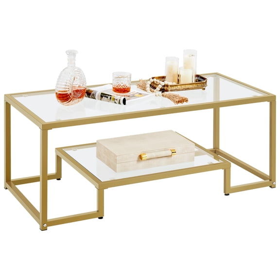 Gold Coffee Table, 42" Rectangular Glass Coffee Table for Living Room, 2-Tier Living Room Tables with Storage Center Tea Tables with Metal Frame for Small Space, Apartment, Office