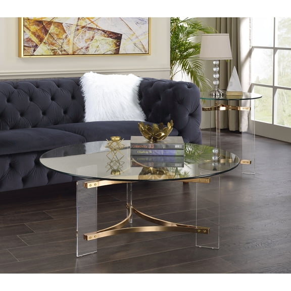 Gold Coffee Table, Boasting A Stylish Round Tempered Glass Top (10mm Thick), Held By Triangular Metal Frame And Acrylic Base, For Living Areas, Offices, Easy To Clean Assemble Swiftly Finish
