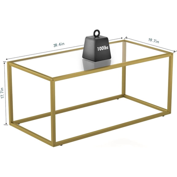 Gold Coffee Table Glass Coffee Tables Modern Rectangular Center Table Simple Minimalist Sofa Table for Living Room Home Office, 39.3 x 19.7 x 17.7in, Gold