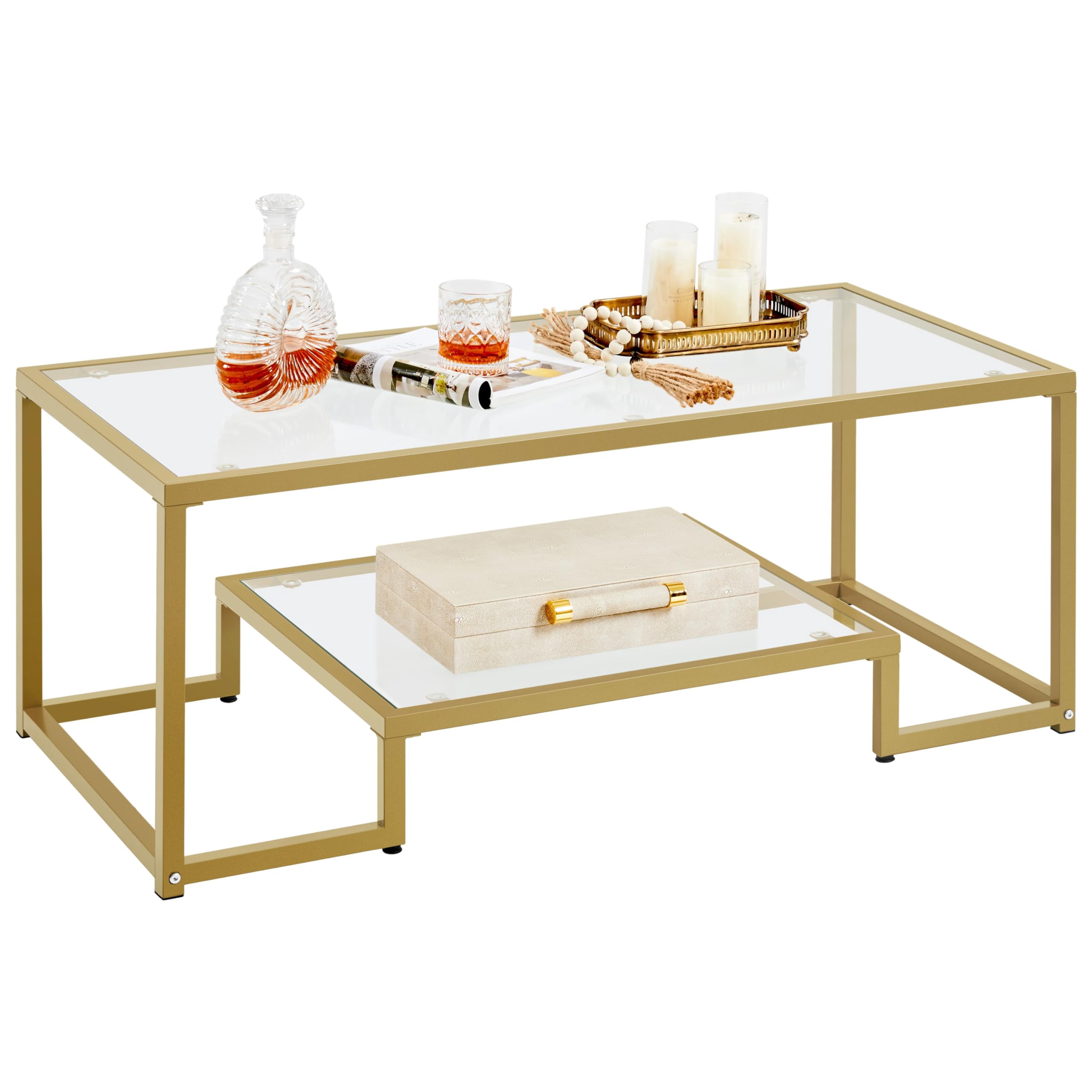 Gold Coffee Table, Rectangular Glass Center Table for Living Room, Two ...