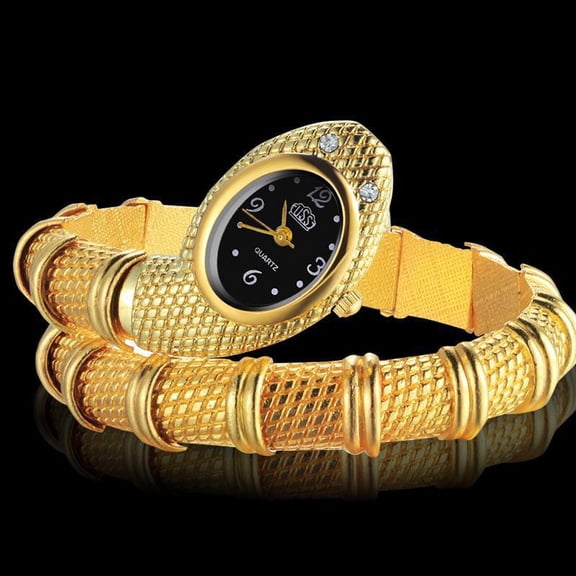 Gold Coil Bangle Watch with Black Dial, Elegant Women’s Quartz Bracelet Watch