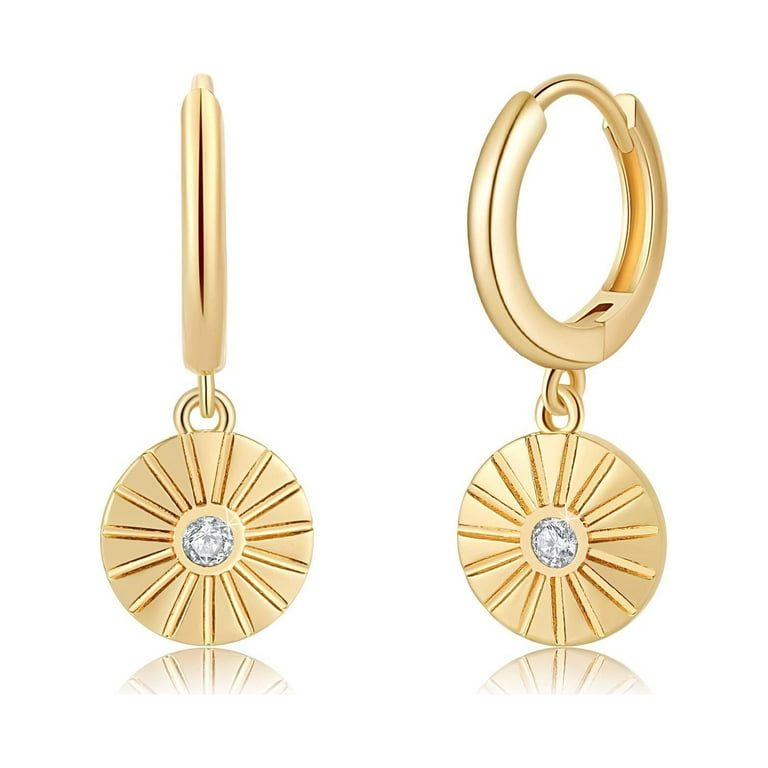 Gold Coin Huggie Hoop Earrings, S925 Sterling Silver Post 14K Gold