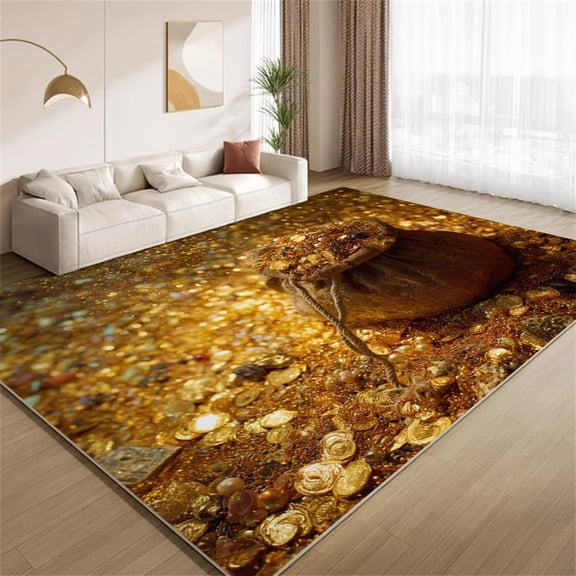 Gold Coin Money Area Rugs, Jewelry Theme Carpet, Washable Non Slip Low Pile Soft Rug for Bedroom Living Room Decor Mat 5ftx8ft