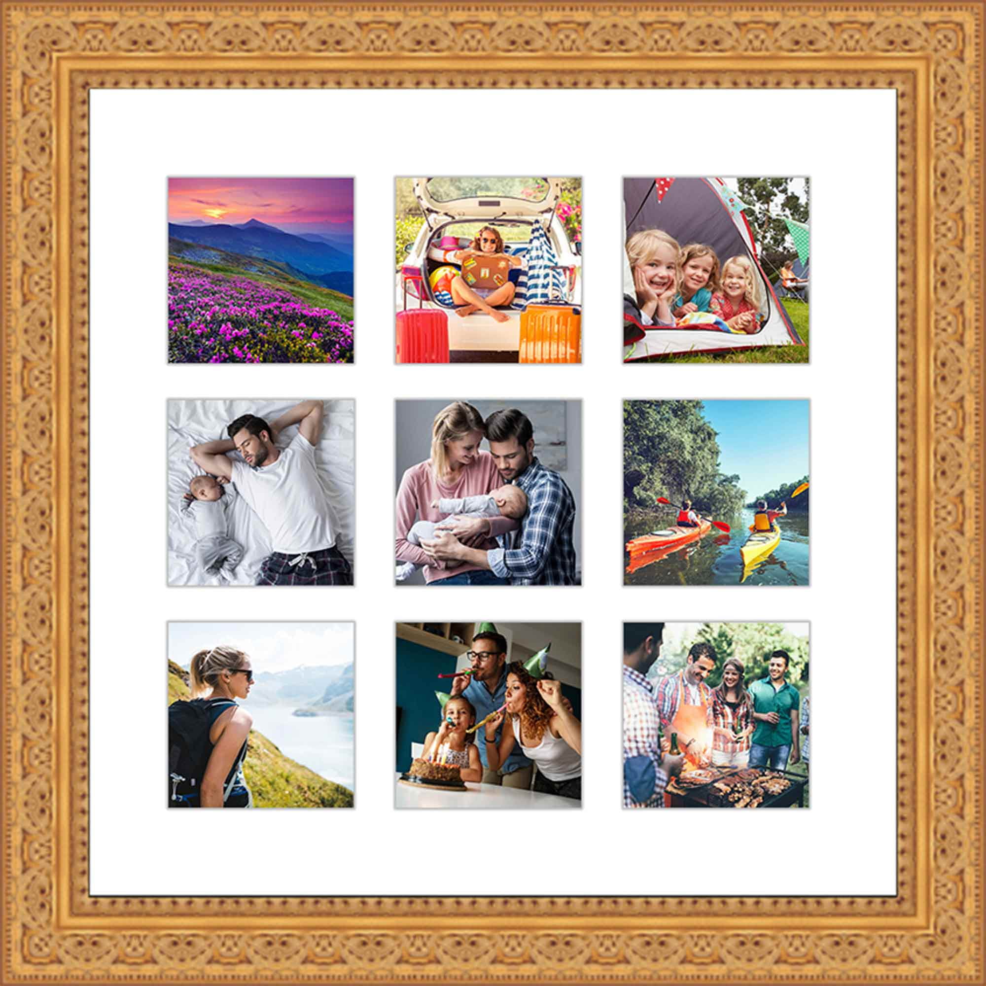 Gold Collage Frame With Mat 14x14 Frame For Nine 4" x 4" Photos Great for Instagram Pictures