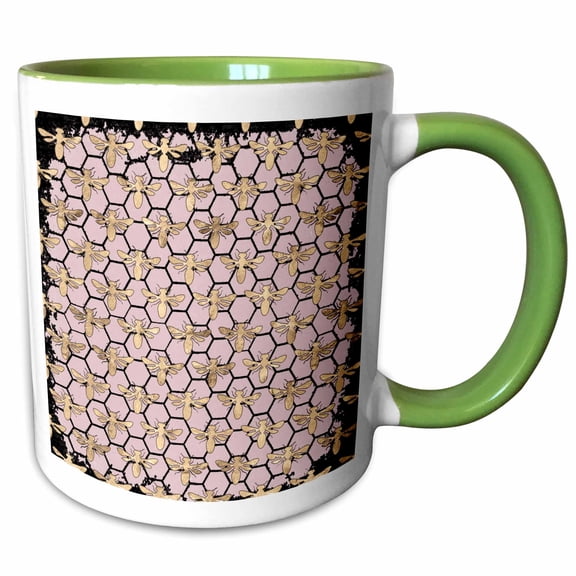 3drose, Gold Color Bees on a Pink and Black Honeycomb Pattern, 11oz Two-tone Green Mug