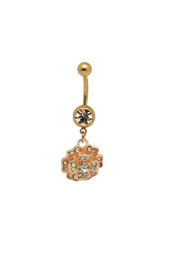 Gold Color Dangle Flower Belly Ring Navel Barbell Jewelry 14G Surgical Steel