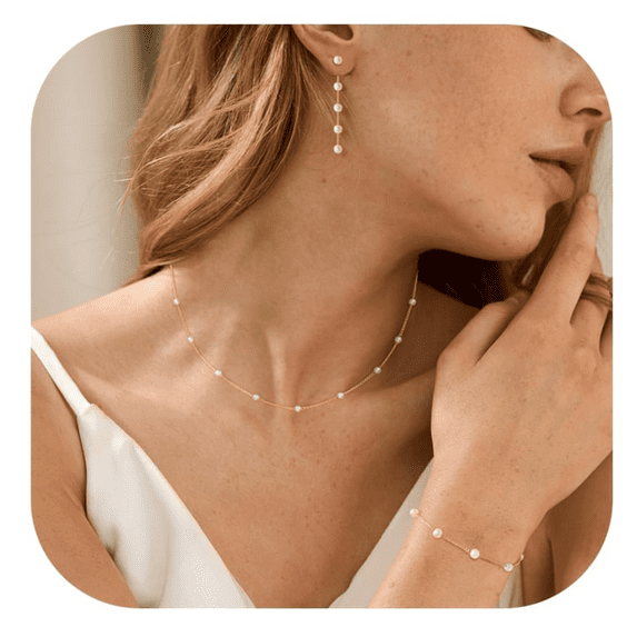 Gold Color Jewelry Set for Women, Dainty Gold Color Plated Pearl Necklace and Earring Set with Drop Earrings, Bracelets, Choker Necklace - Wedding Jewelry Gift