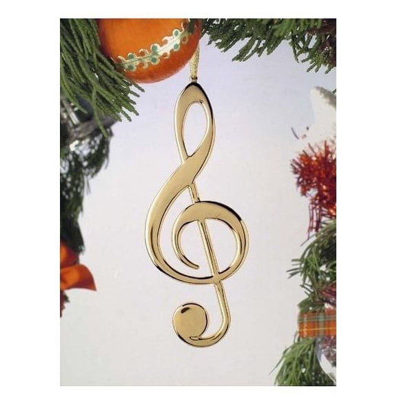 gold-color treble clef christmas ornament, 5" tall, by broadway gifts