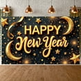 thumbnail image 1 of Gold Colored Happy New Year Banner Starry Pattern New Year Display Crescent Moon Design Firework Elements Festive Backdrop for New Year Party Indoor Celebration Holiday Event, 1 of 9