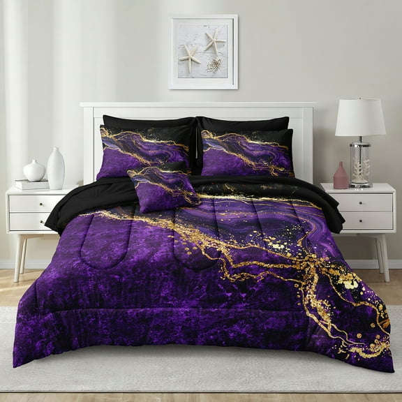 Gold Comforter Set 8 Pcs Purple Marble Bedding Set Bed in A Bag Purple and Black Marble Stone Texture Abstract Room Decor Bed Comforter