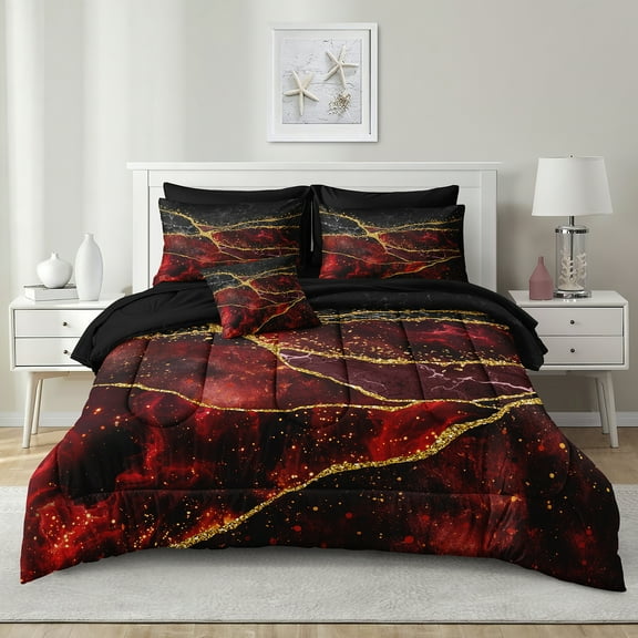 Gold Comforter Set 8 Pcs Red Marble Bedding Set Bed in A Bag Red and Black Marble Stone Texture Abstract Room Decor