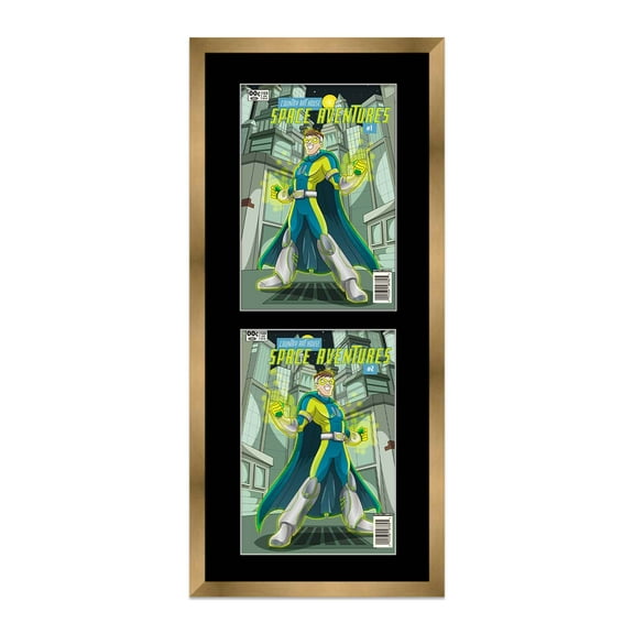 Gold Comic Book Frame with Black Mat - 2 Openingss to Display 3 7.125"x10.5" Silver Age Comic