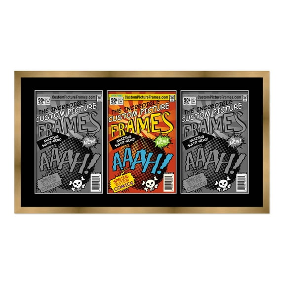 Gold Comic Book Frame with Black Mat - 3 Openings to Display 3 6.875"x10.5" Current Era Comic