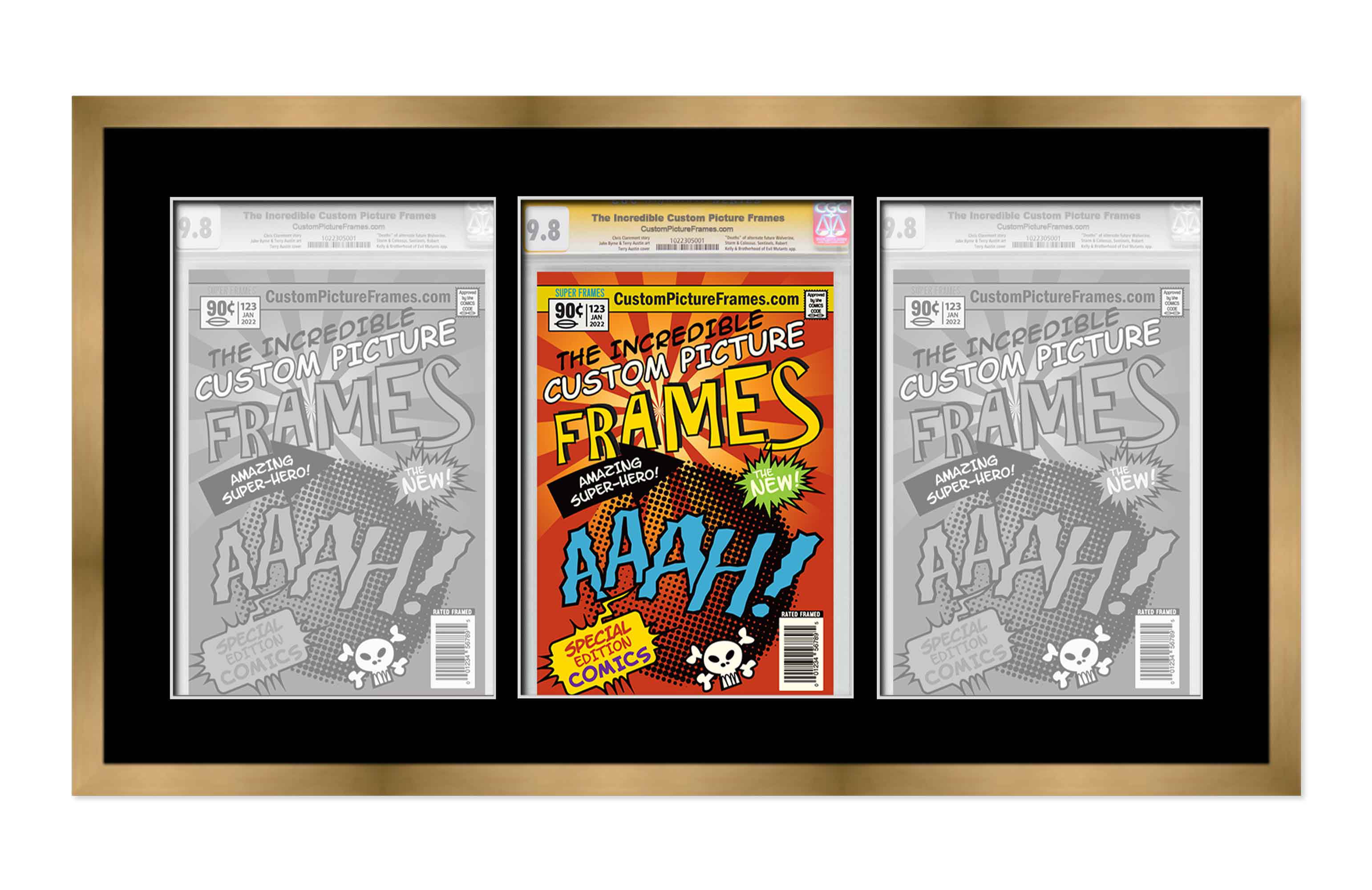 Gold Comic Book Frame with Black Mat - 3 Openings to Display 3 CGC