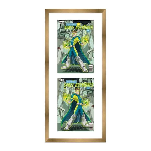 Gold Comic Book Frame with White Mat - 2 Openingss to Display 3 6.875"x10.5" Current Era Comic