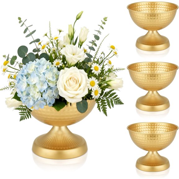 Gold Compote Vase Set of 4, Pedestal Gold Vases for Centerpieces Metal Urn Flower Pot Vase Pack, Electroplated Rust-Proof Compote Pedestal Vases for Wedding Centerpieces- 5.9 Inches