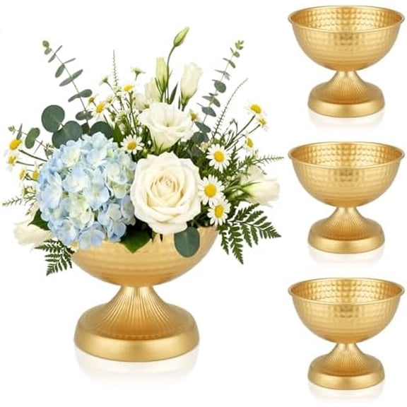 Gold Compote Vase Set of 4, Pedestal Gold Vases for Centerpieces Metal Urn Flower Pot Vase Pack, Electroplated Rust-Proof Compote Pedestal Vases for Wedding Centerpieces- 5.9 Inches