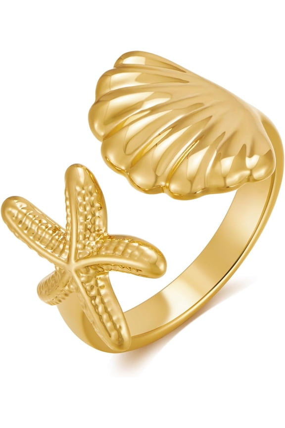 Gold Conch Shell Starfish Rings for Women Chunky Adjustable Open Rings Gold Ocean Statement Rings Seashell Sea Star Rings Stackable Band Rings Summer Jewelry