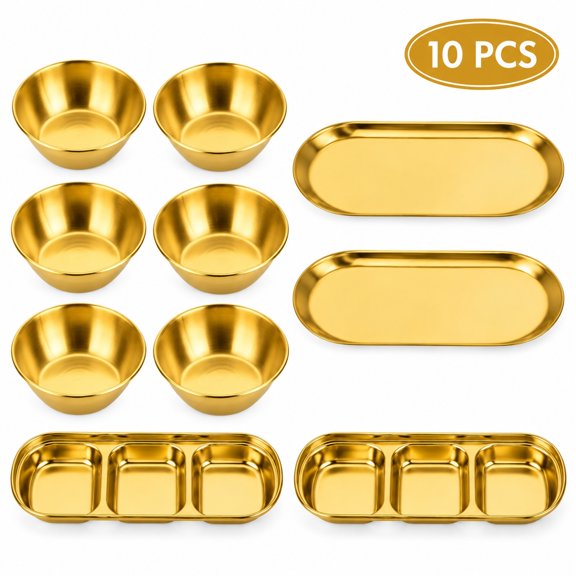 Gold Condiment Bowl Set, 10 Pcs Stainless Steel Dipping Sauce Dish with Tray, Rectangular Serving Platter for Party, BBQ, Restaurant