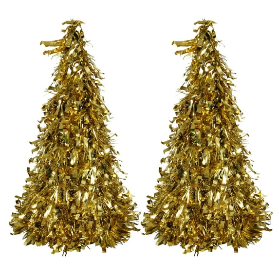 Gold Cone Shaped Tinsel Trees 10 inches for Office Desk Home Indoor Table Top Ornaments Party Favor Christmas Holiday New Year Decoration Seasonal Craft Material Gift Decorative Supplies - Pack of 2