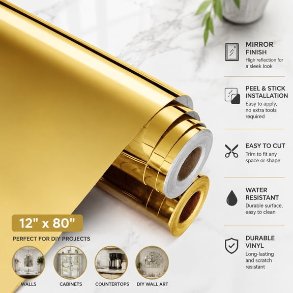Gold Contact Paper for Countertops, Permanent Vinyl Reflective Golden Wallpaper, Self Adhesive Mirror Stickers for Cabinets, DIY Home Decor, 12"x80