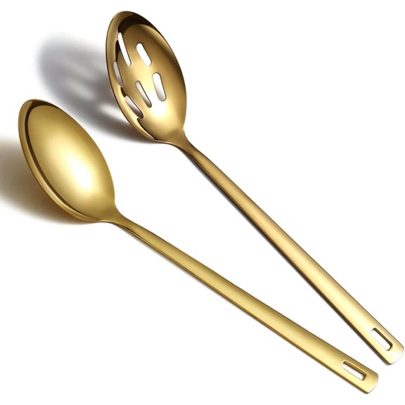 Gold Cooking Spoons Set Of 2, Stainless Steel Kitchen Solid Slotted Spoon, Titanium Gold Plating Cooking Utensils Set for Mixing, Serving, Stiring