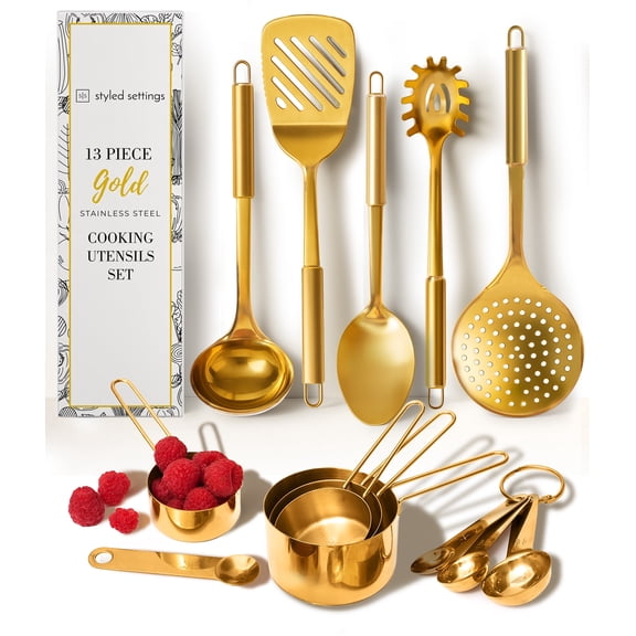 Gold Cooking Utensils with Gold Measuring Cups and Spoons Set (13-Pieces), Gold Kitchen Accessories with Metal Measuring Cups and Spoons Set and Gold Kitchen Utensils