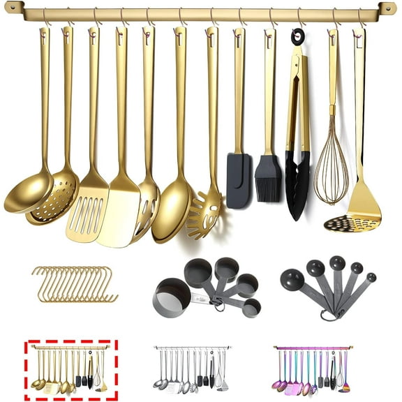 Gold Cooking Utensils Set, Stainless Steel 37 Pieces Kitchen Utensils Set with Titanium Gold Plating, Kitchen Gadgets Tool Set with Utensils Racks Heat Resistant Dishwasher Safe