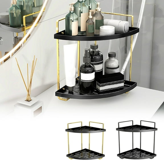 Gold Corner Bathroom Organizer | 2-Tier Countertop Shelf for Perfume & Cosmetics | Stainless Steel Vanity Storage | 11.22x8.26x8.26in