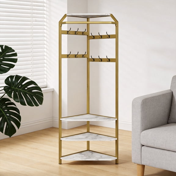 Gold Corner Coat Rack with Shoe Bench, Modern Hall Tree with 6 Double Hooks, Entryway Storage Bench with Shelf, Metal Hanger Stand for Jackets, Hats and Shoes