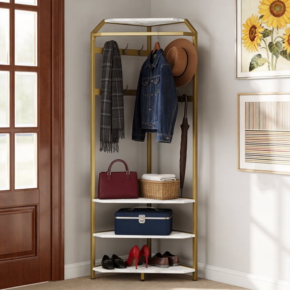 Gold Corner Coat Rack with Shoe Bench, Modern Hall Tree with 6 Double Hooks, Entryway Storage Bench with Shelf, Metal Hanger Stand for Jackets, Hats and Shoes