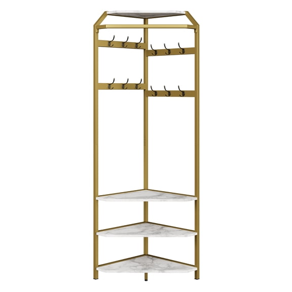 Gold Corner Hall Tree Coat Rack with Shoe Bench – 6 Double Hooks, 3-Tier Storage Shelves, Freestanding Entryway Organizer Stand for Jackets, Hats, and Shoes – Gold