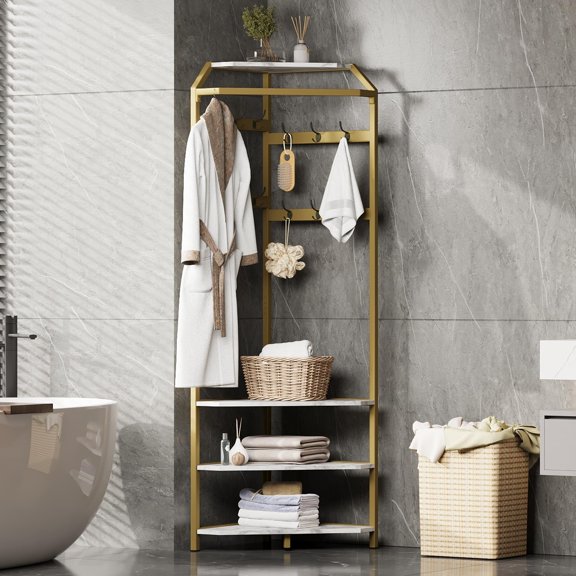 Gold Corner Hall Tree with 4 Shelves, Hooks & Marble-Top Storage